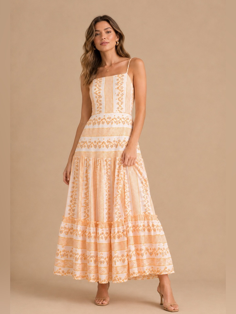 NWT CeCe Apron Neck Embroidered Cotton Maxi Dress White Orange Size 10